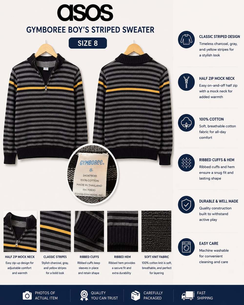 Gymboree Boys Striped 100% Cotton Half Zip Mock Neck Sweater